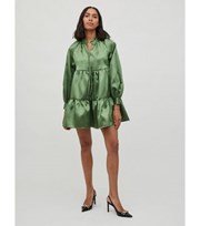 VILA Green Satin Tiered Mini Smock Dress